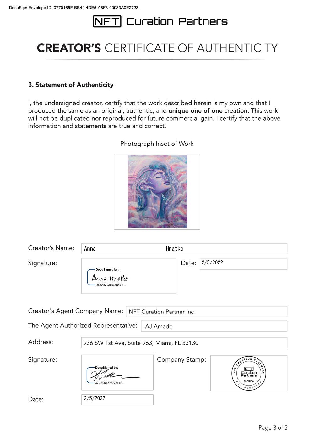 Certificate of Authenticity and Consignment - Ethereal Dreams