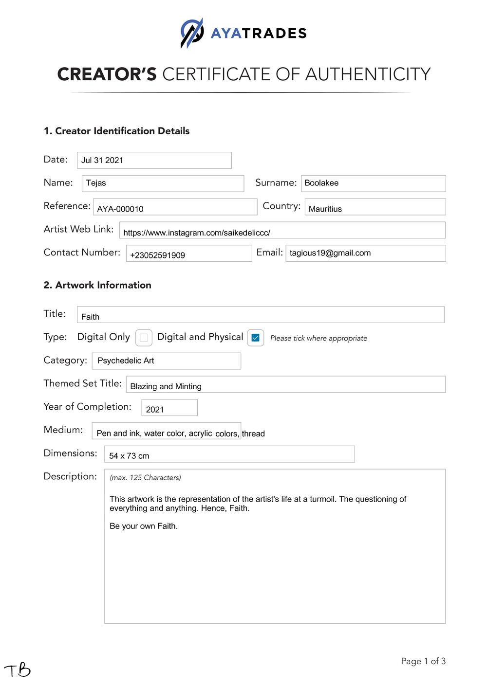 Certificate of Authenticity and Consignment Faith