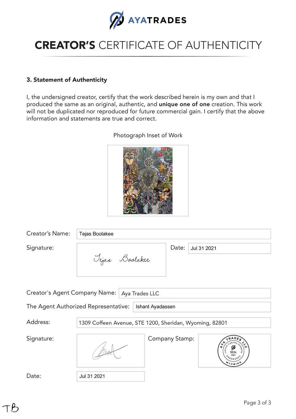 Certificate of Authenticity and Consignment Faith