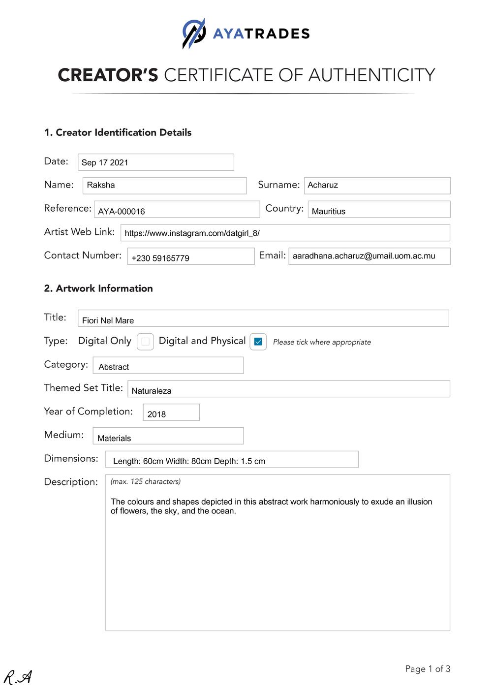 Certificate of Authenticity and Consignment Fiori Del Mare