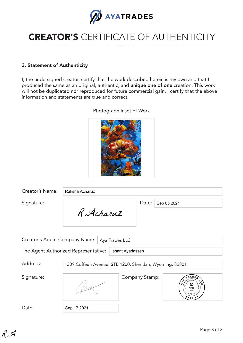 Certificate of Authenticity and Consignment Fiori Del Mare