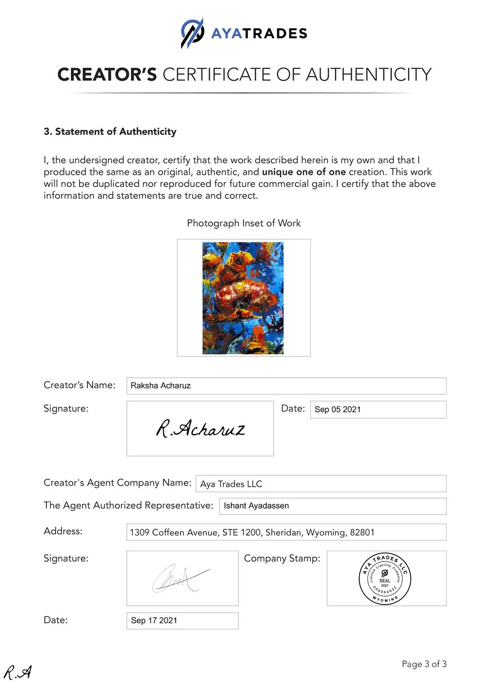 Certificate of Authenticity and Consignment Fiori Del Mare