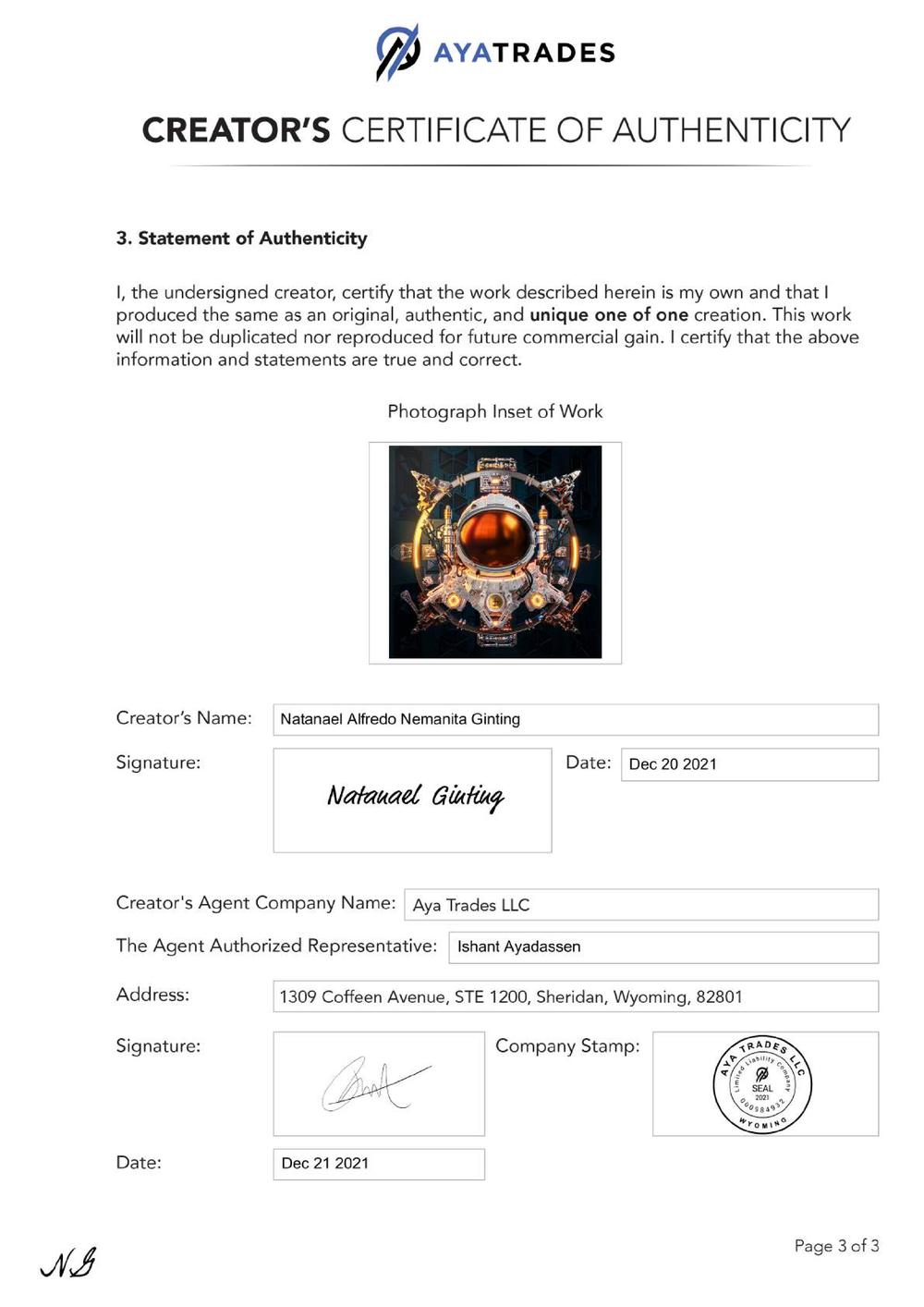 Certificate of Authenticity and Consignment - First Man