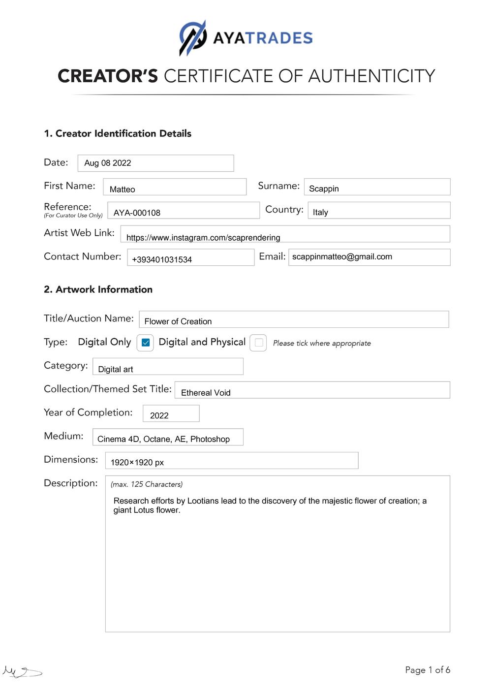 Certificate of Authenticity and Consignment - Flower Of Creation