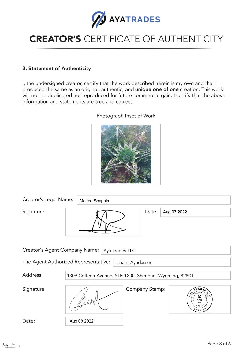 Certificate of Authenticity and Consignment - Flower Of Creation