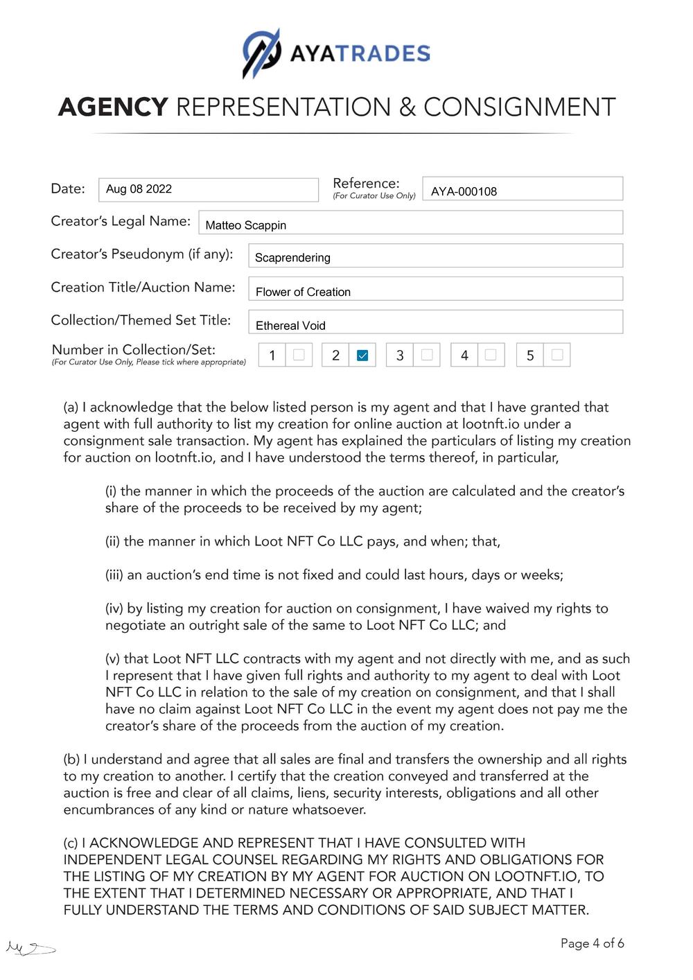 Certificate of Authenticity and Consignment - Flower Of Creation