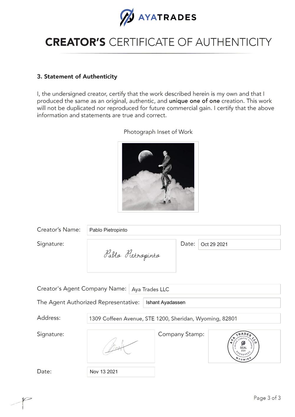 Certificate of Authenticity and Consignment - Flying to the Moon