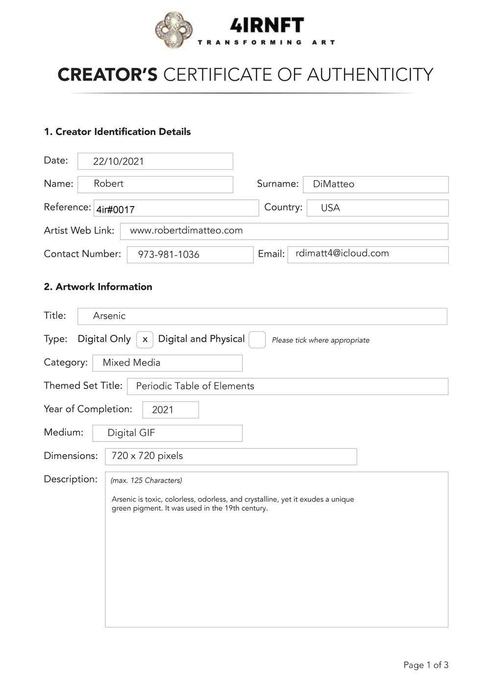 Certificate of Authenticity and Consignment For Arsenic