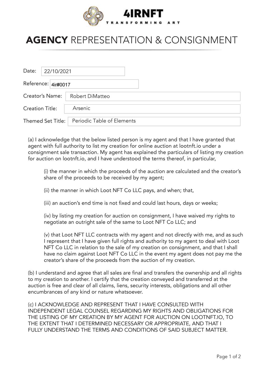 Certificate of Authenticity and Consignment For Arsenic