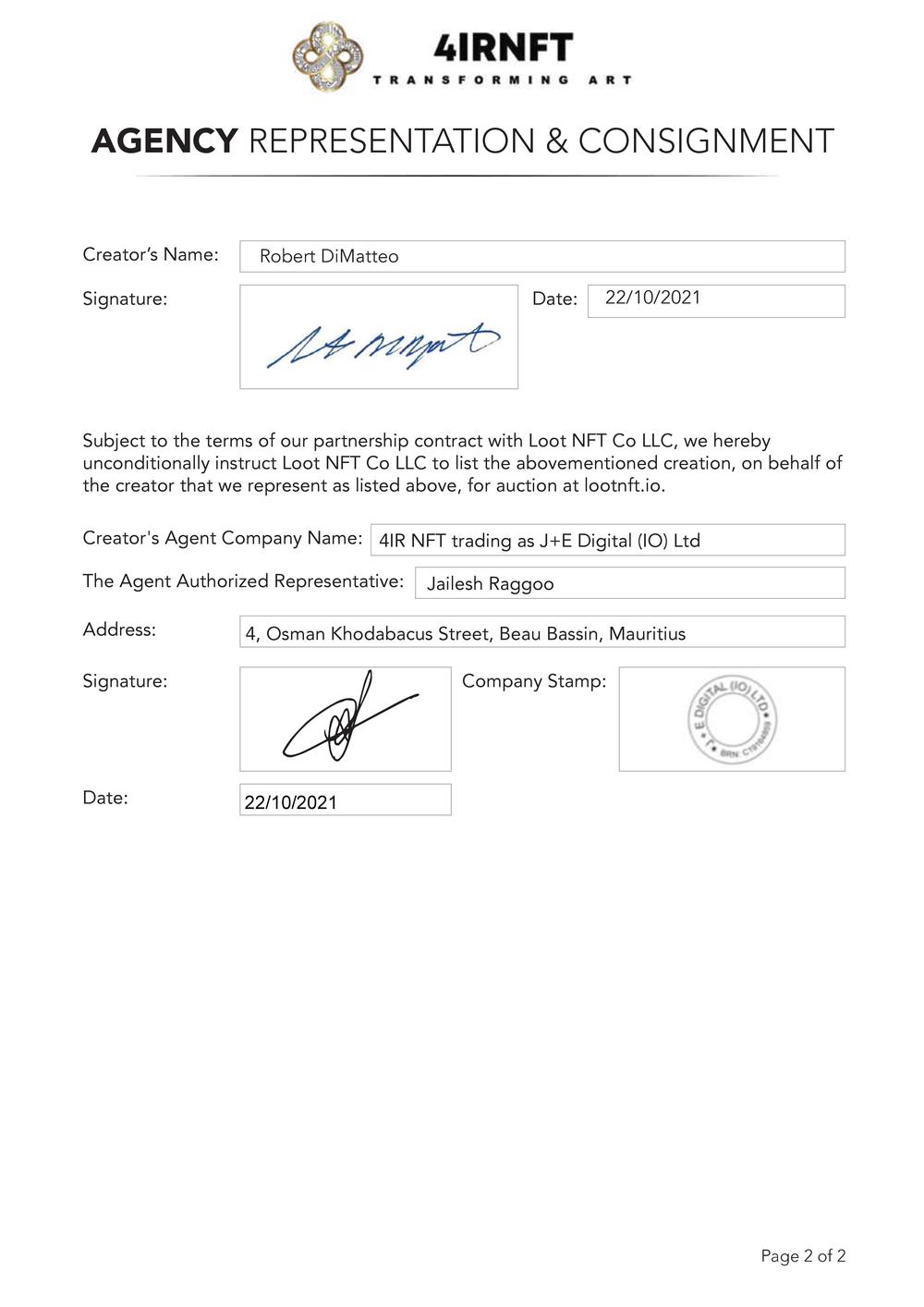 Certificate of Authenticity and Consignment For Arsenic