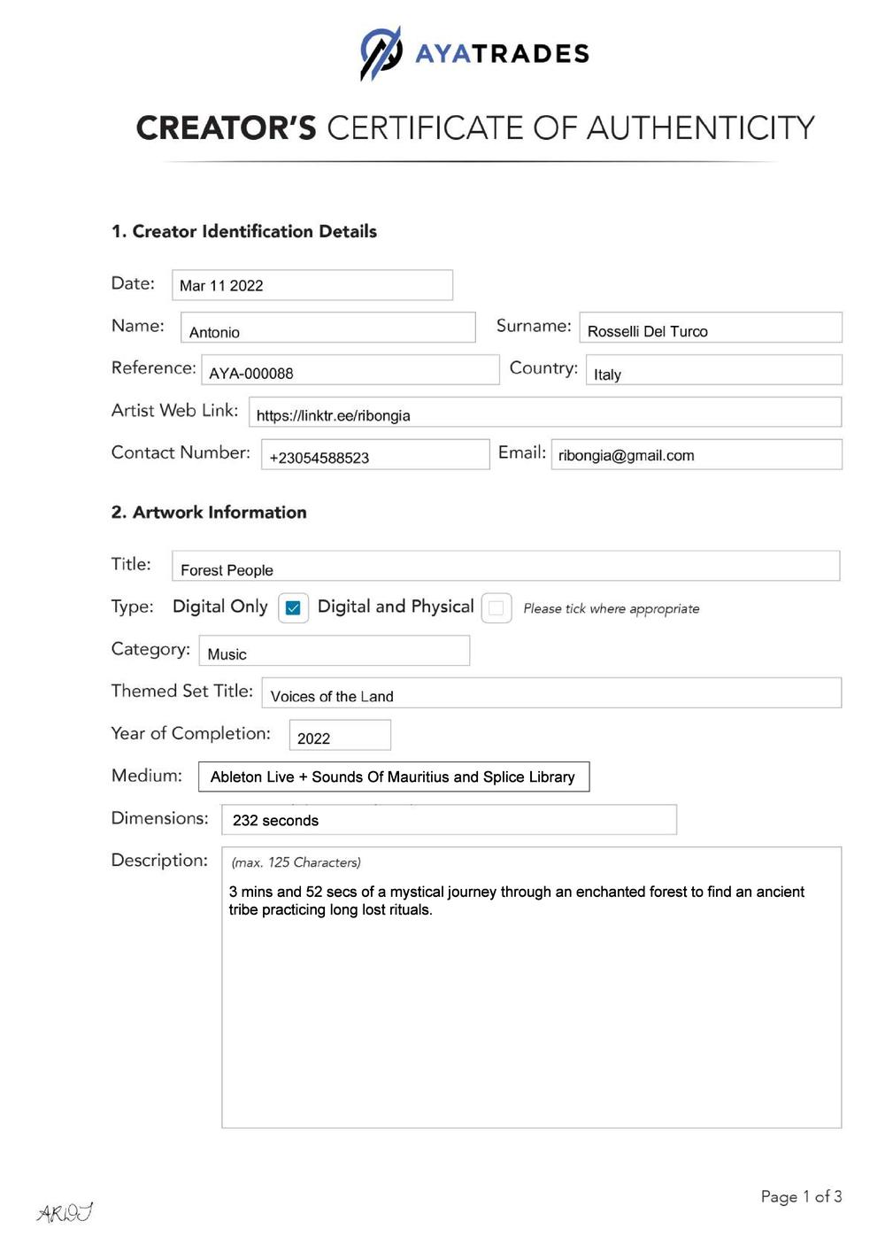 Certificate of Authenticity and Consignment - Forest People