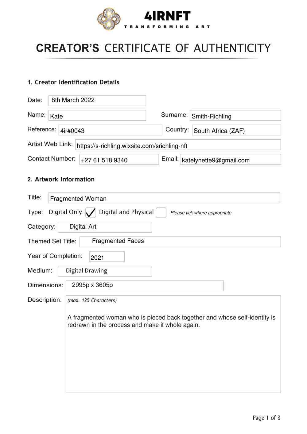 Certificate of Authenticity and Consignment - Fragmented Woman