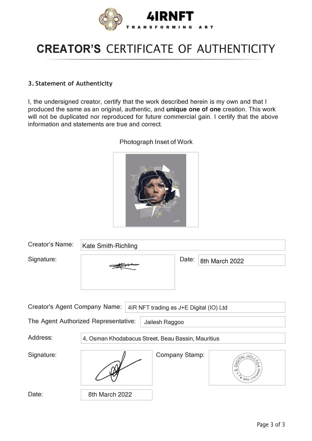 Certificate of Authenticity and Consignment - Fragmented Woman