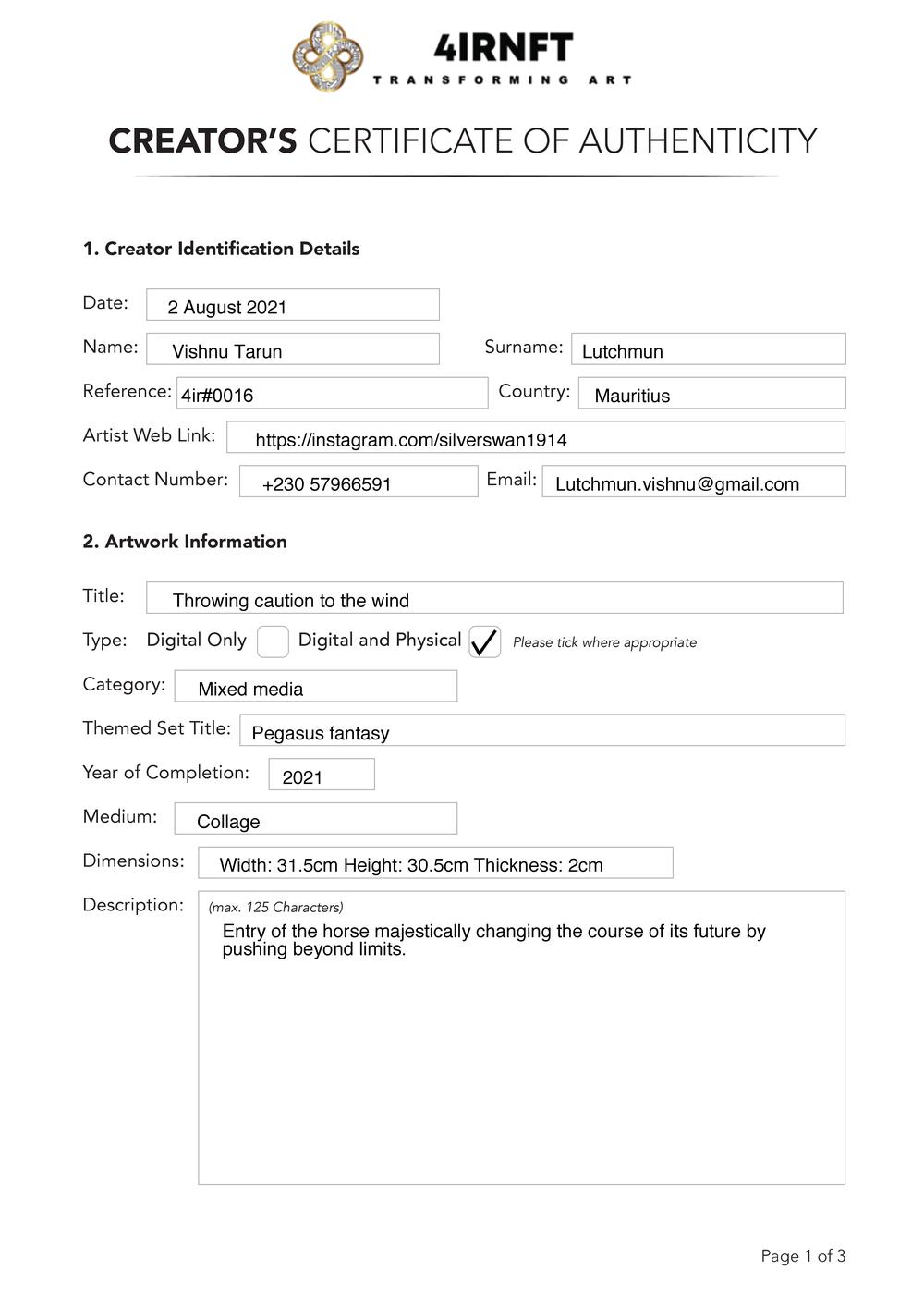 Certificate of Authenticity and Consignment Freedom Throwing Caution to the Wind