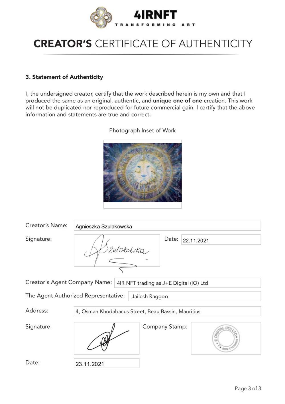 Certificate of Authenticity and Consignment - From Syrius