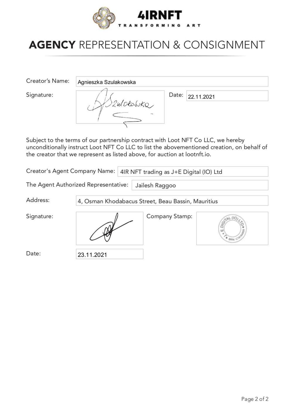 Certificate of Authenticity and Consignment - From Syrius