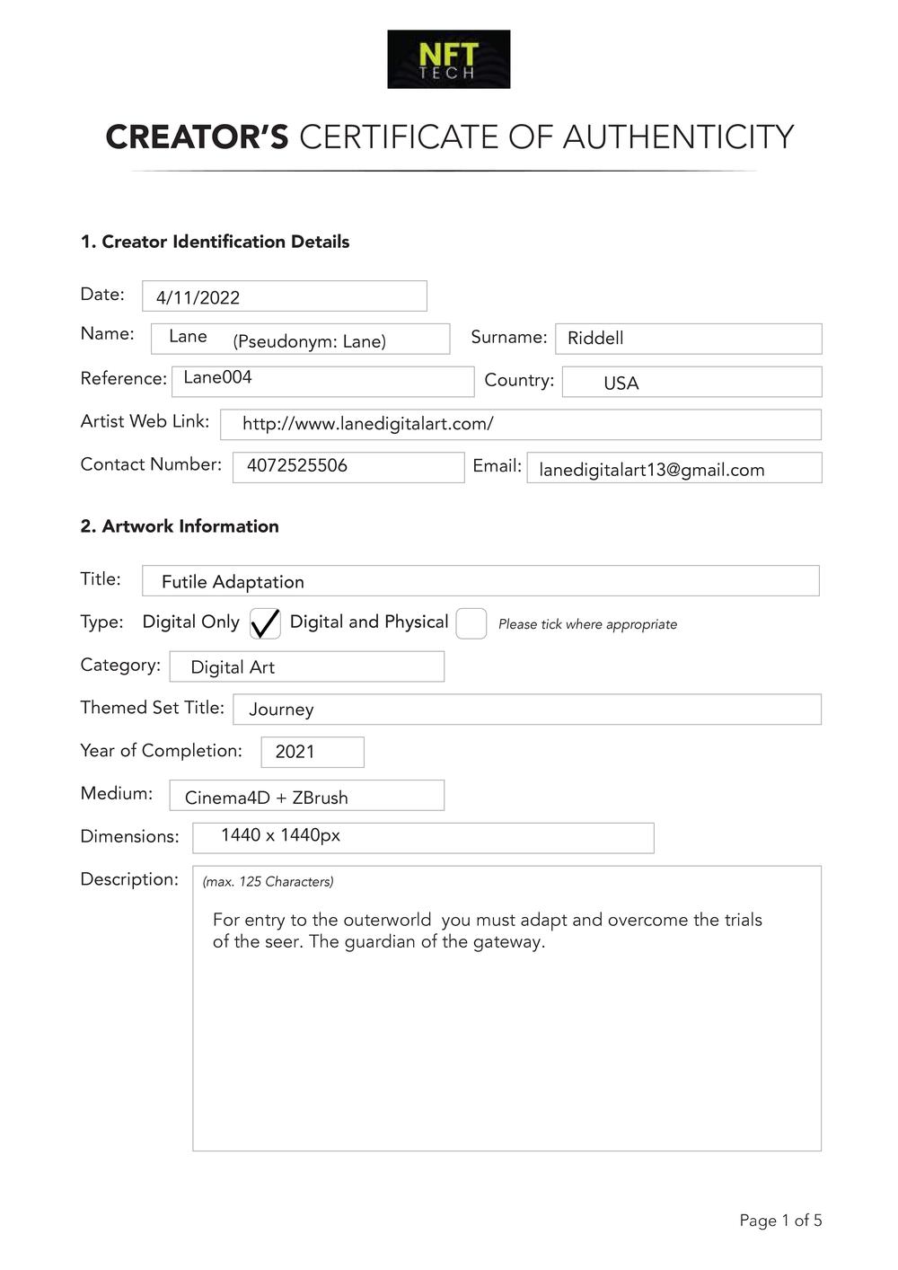 Certificate of Authenticity and Consignment - Futile Adaptation - 1