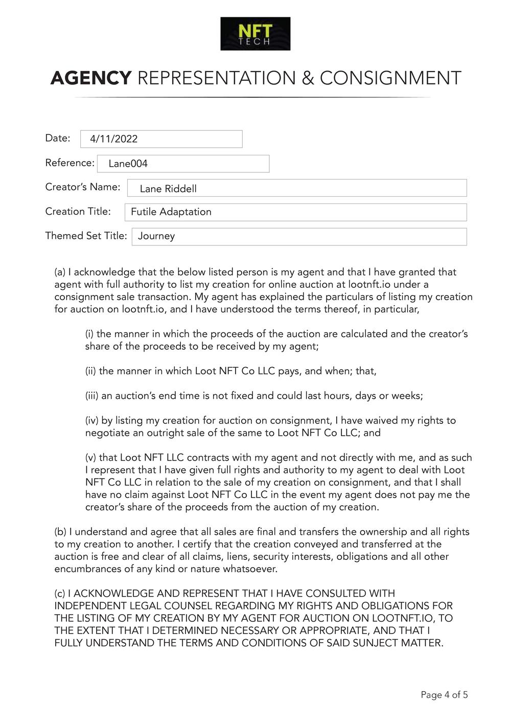 Certificate of Authenticity and Consignment - Futile Adaptation - 1