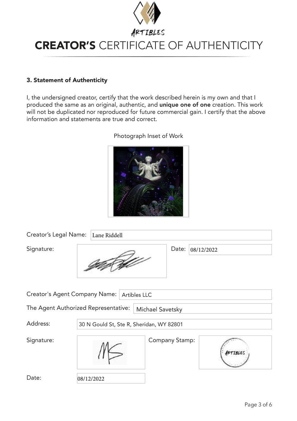 Certificate of Authenticity and Consignment - Futile Adaptation