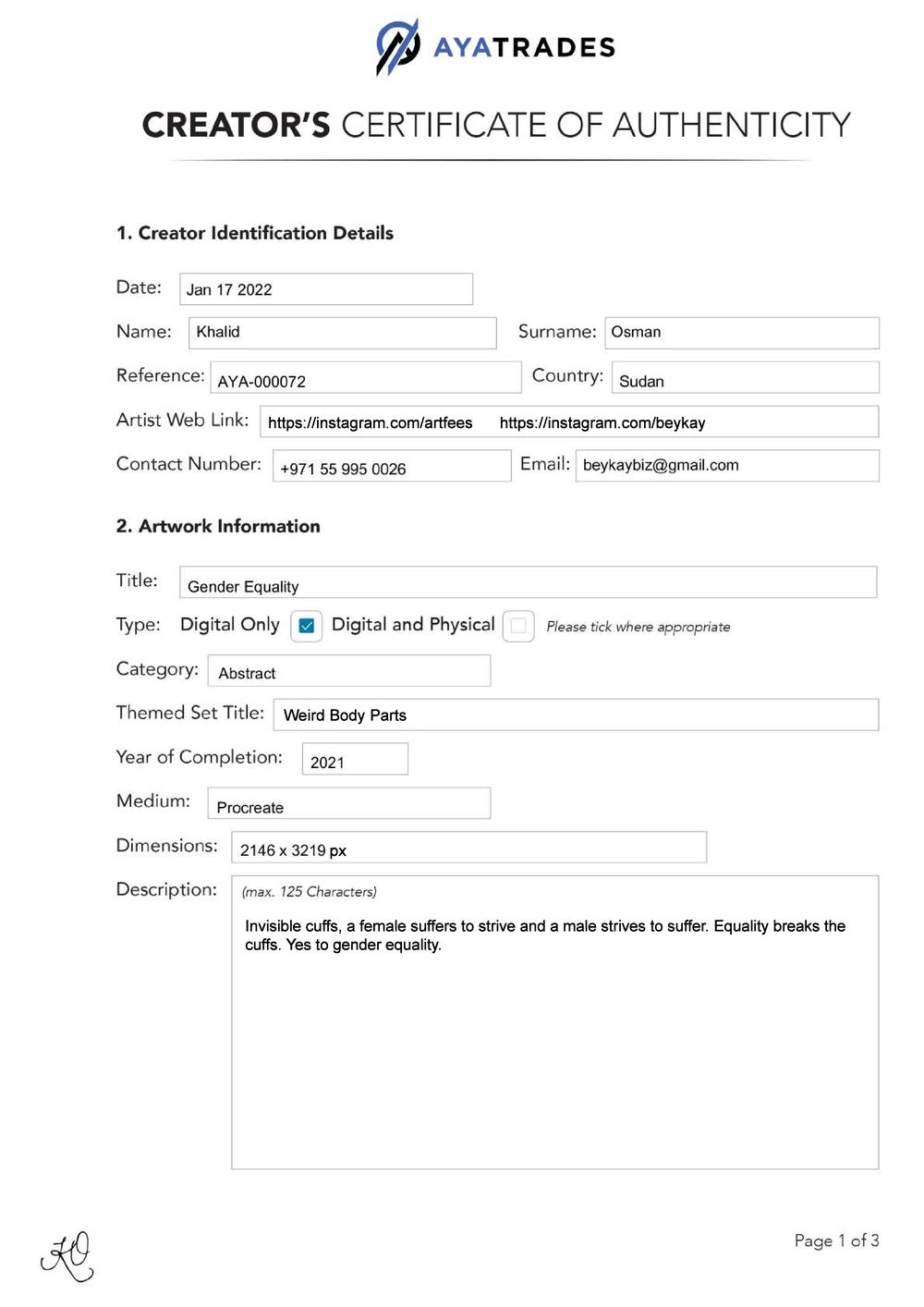 Certificate of Authenticity and Consignment - Gender Equality