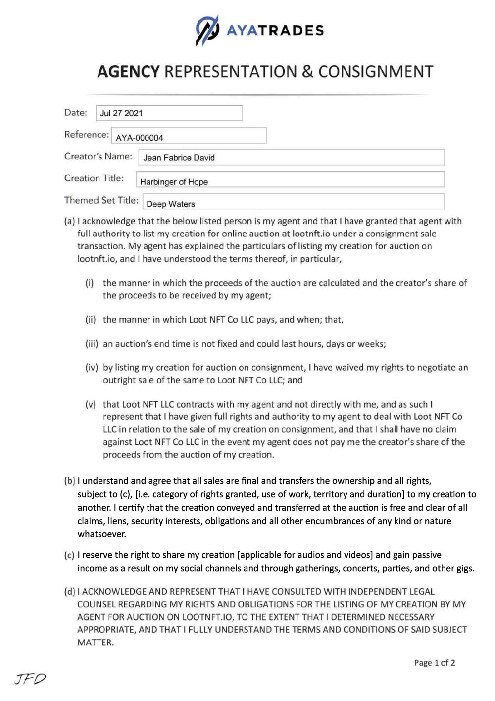 Certificate of Authenticity and Consignment - Harbinger of Hope