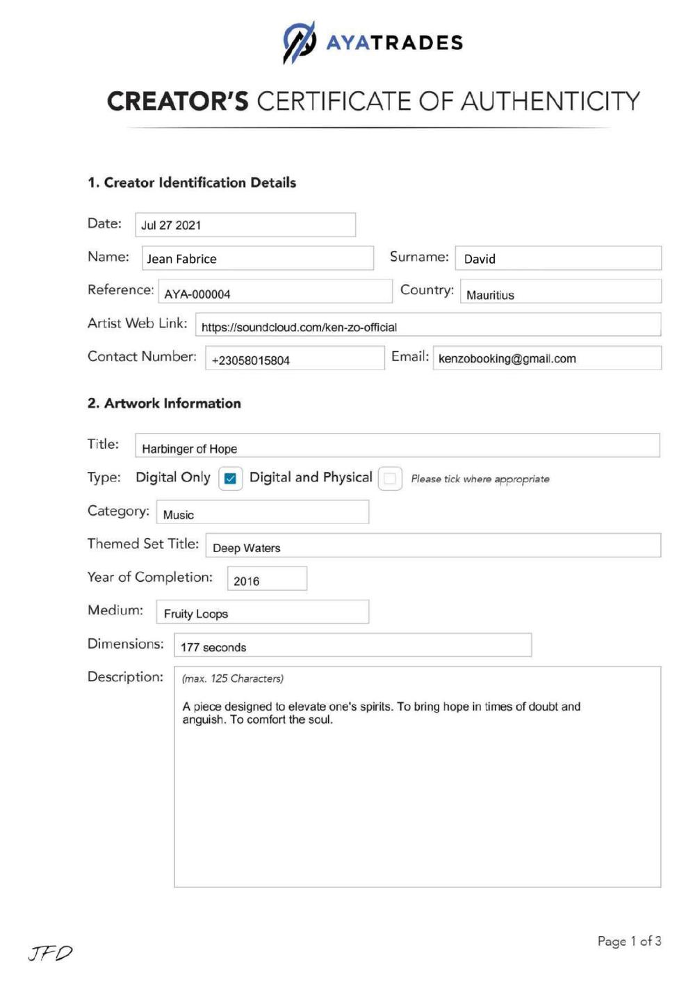 Certificate of Authenticity and Consignment - Harbinger of Hope