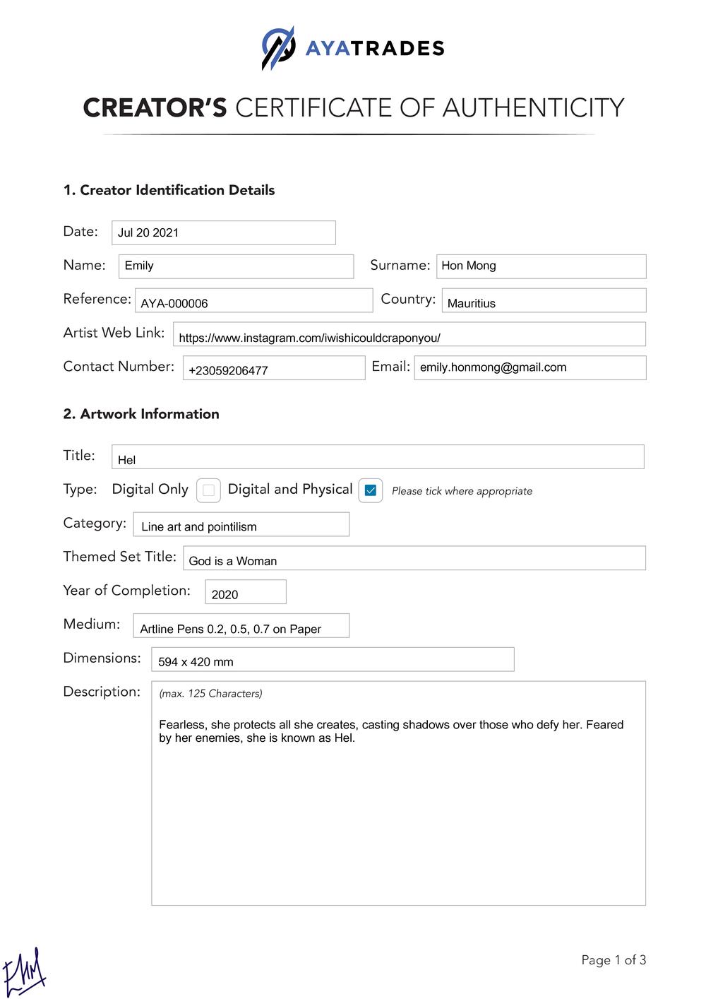 Certificate of Authenticity and Consignment Hel