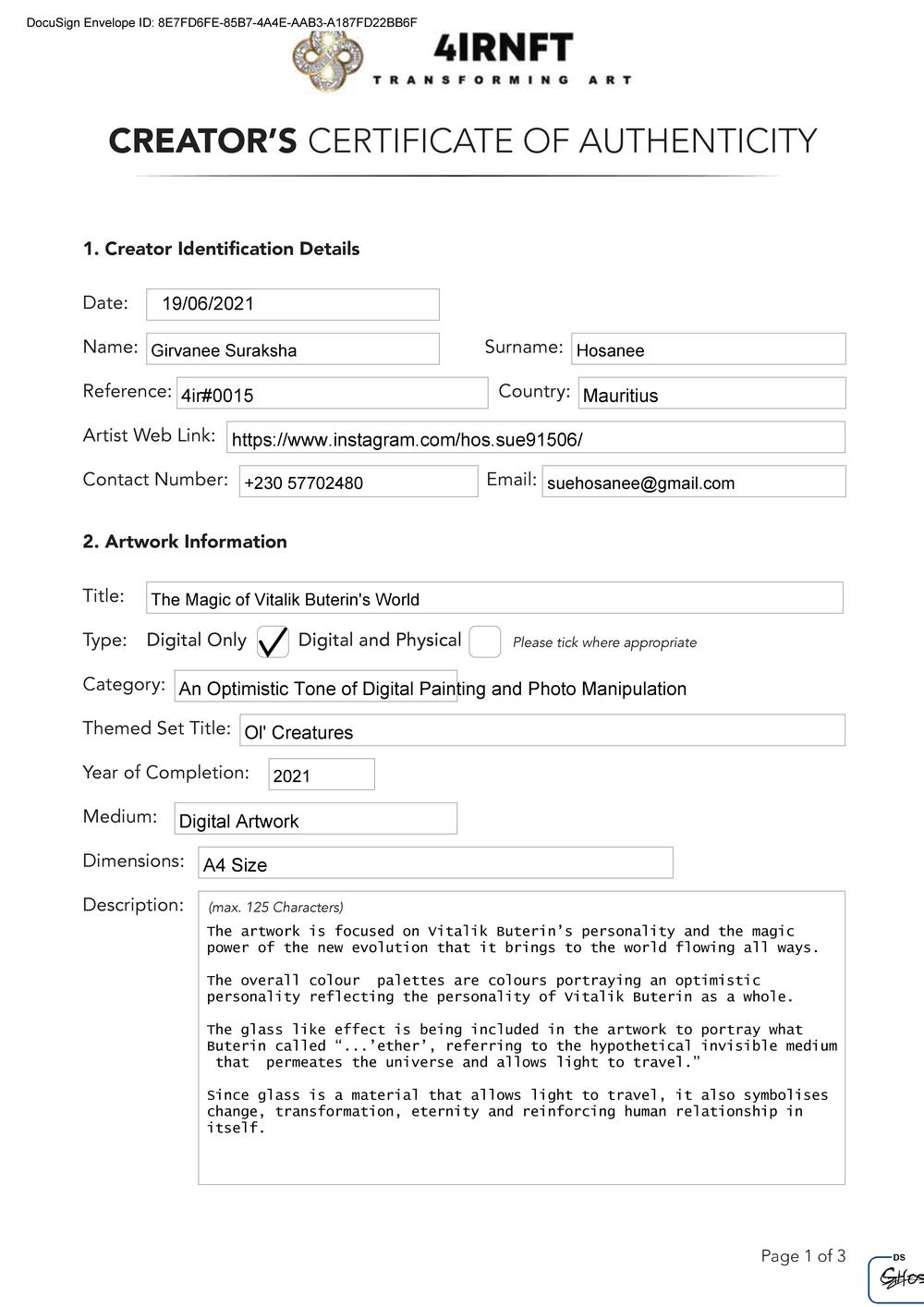 Certificate of Authenticity and Consignment_Hosanee_4IR NFT