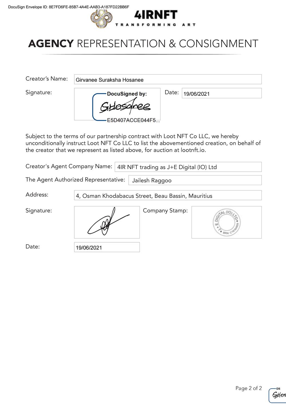 Certificate of Authenticity and Consignment_Hosanee_4IR NFT