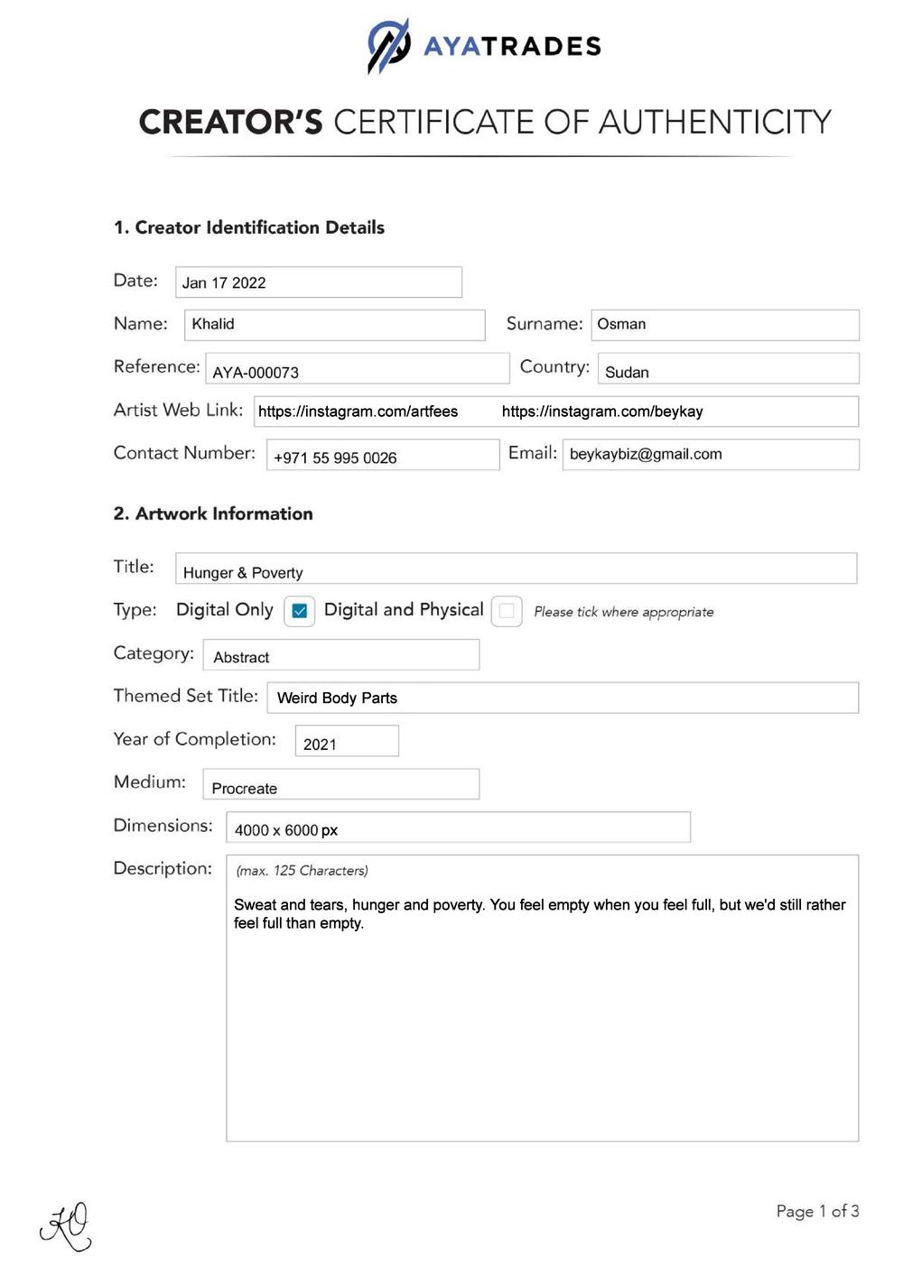 Certificate of Authenticity and Consignment - Hunger & Poverty