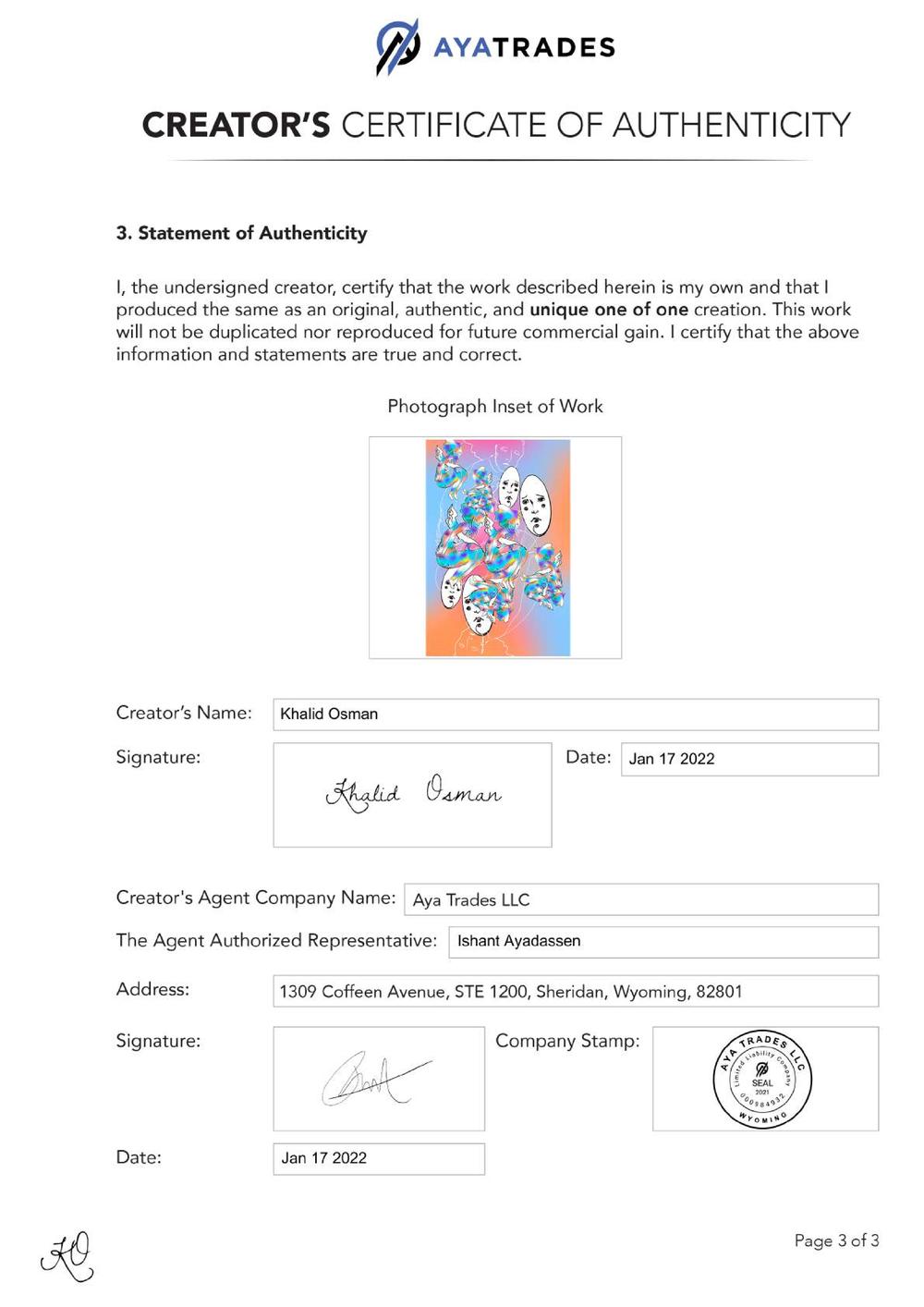 Certificate of Authenticity and Consignment - Hunger & Poverty