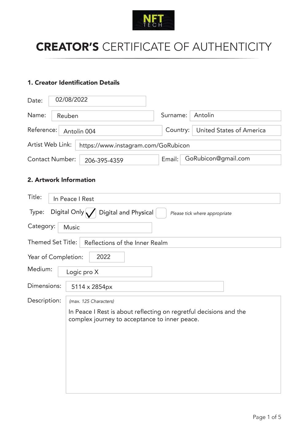 Certificate of Authenticity and Consignment - In Peace I Rest