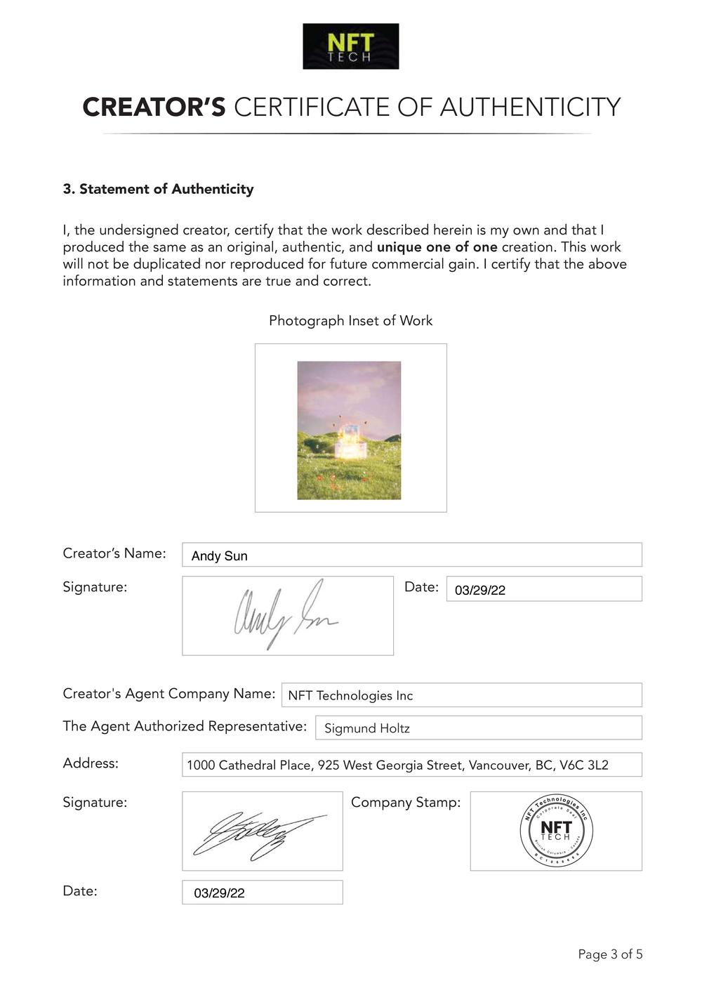 Certificate of Authenticity and Consignment - Inferno Beauty