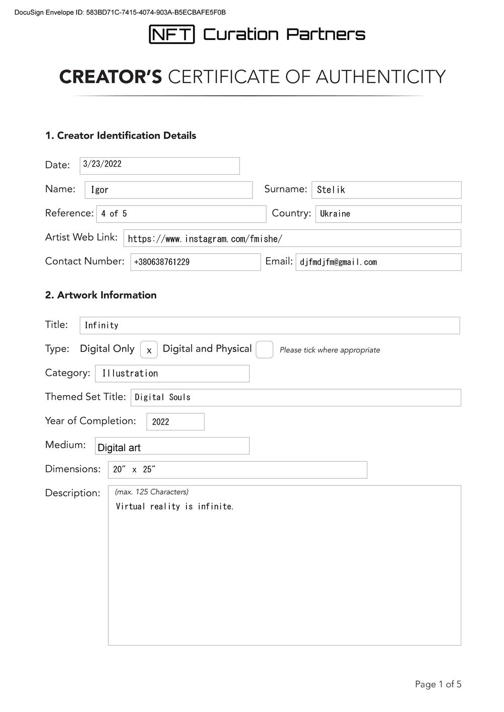 Certificate of Authenticity and Consignment - Infinity