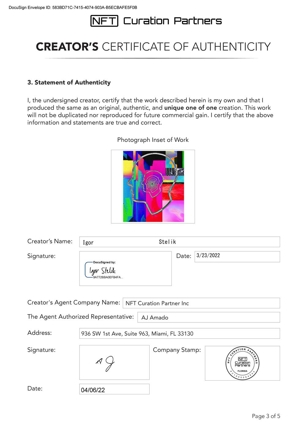 Certificate of Authenticity and Consignment - Infinity