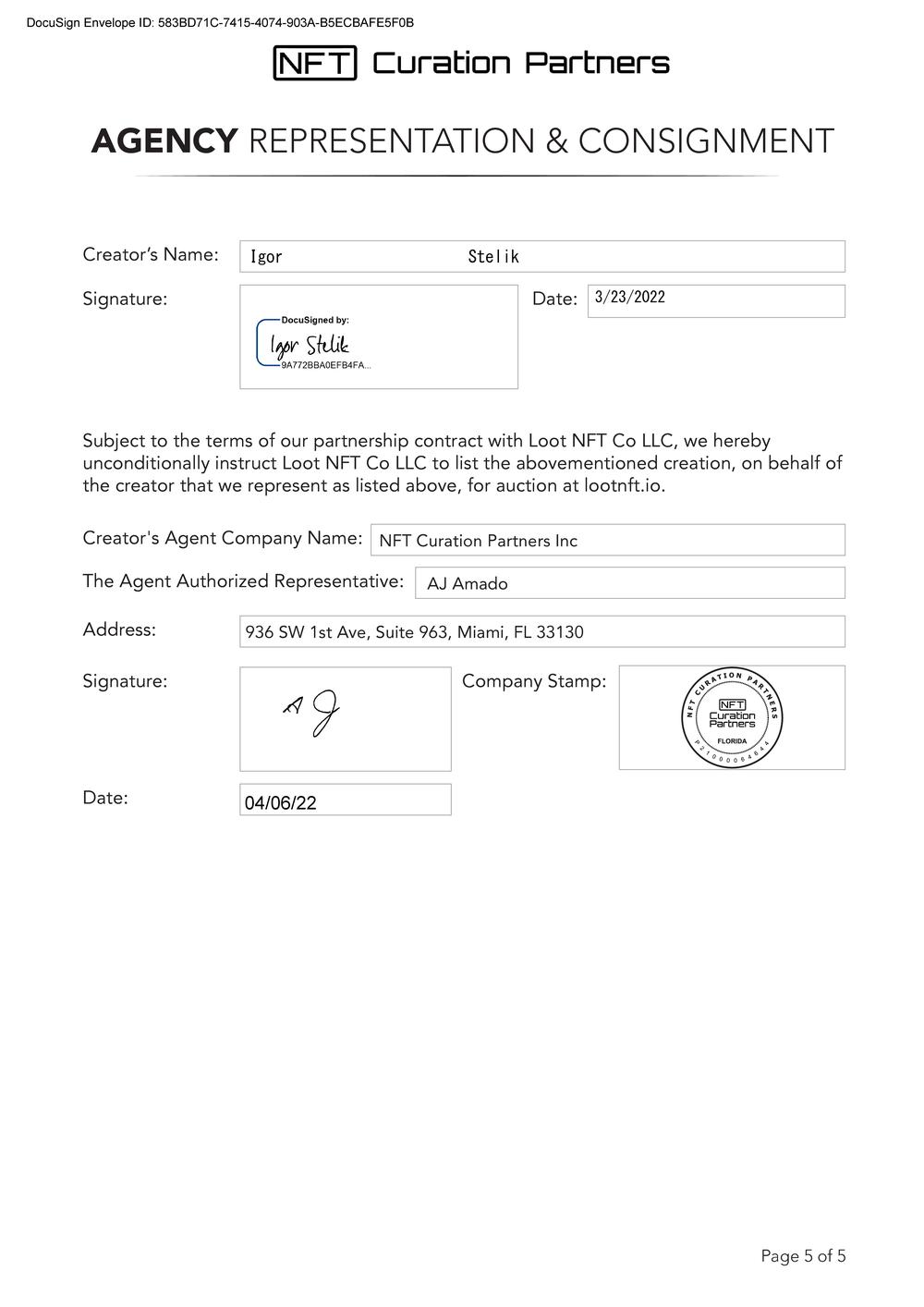 Certificate of Authenticity and Consignment - Infinity