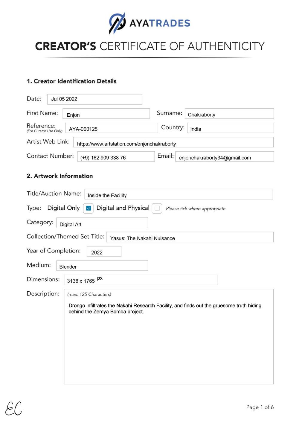 Certificate of Authenticity and Consignment - Inside the Facility