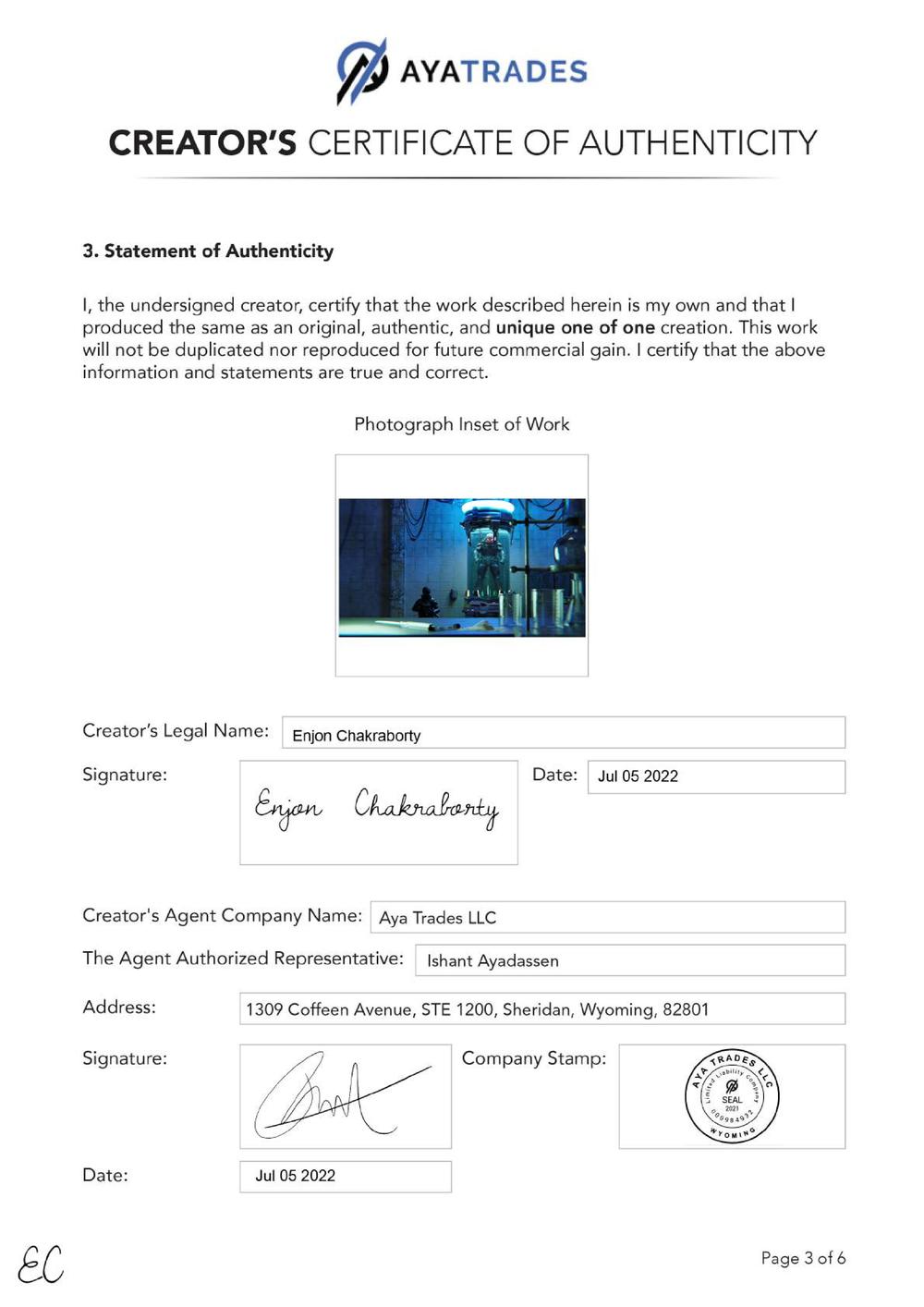 Certificate of Authenticity and Consignment - Inside the Facility