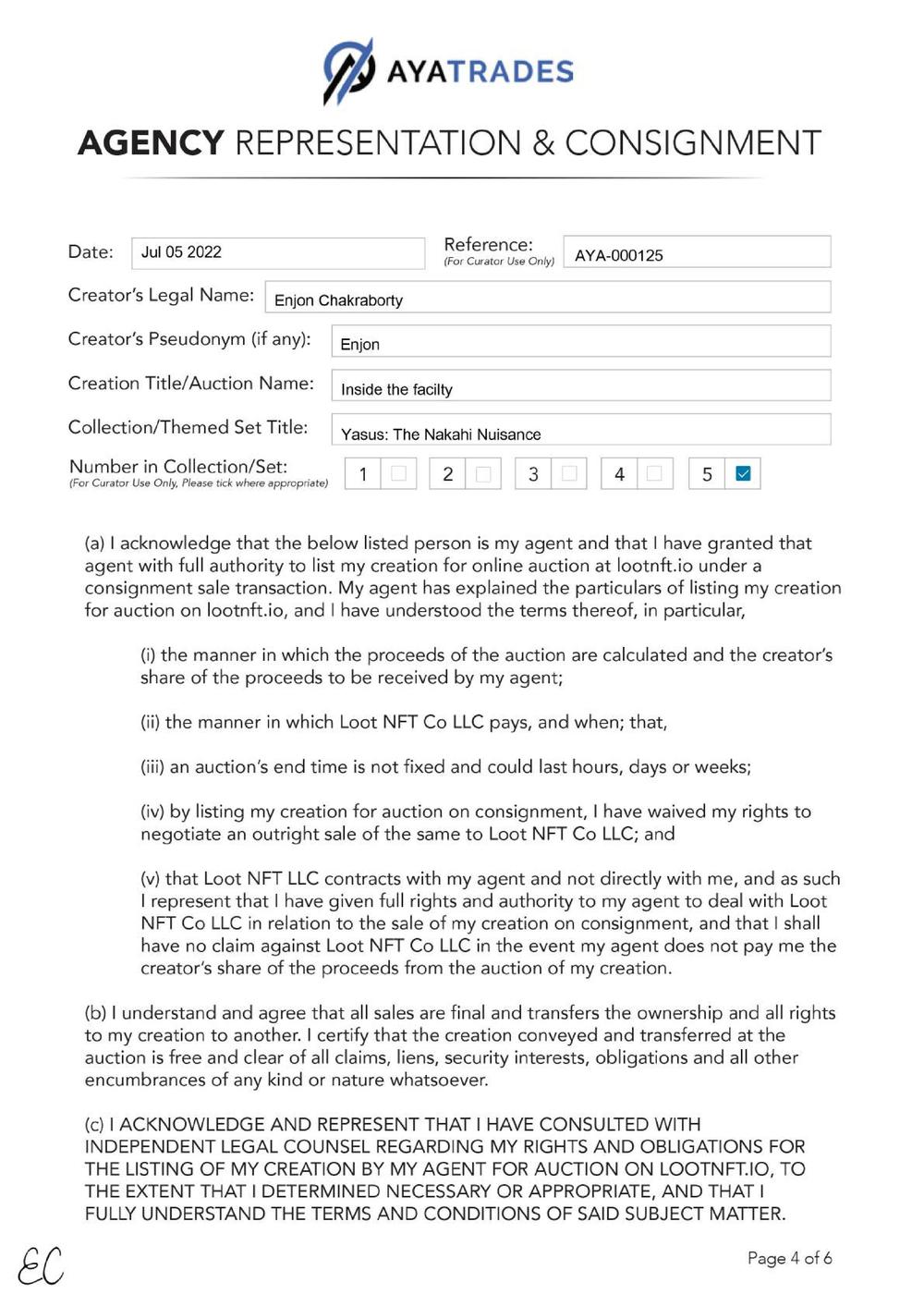 Certificate of Authenticity and Consignment - Inside the Facility