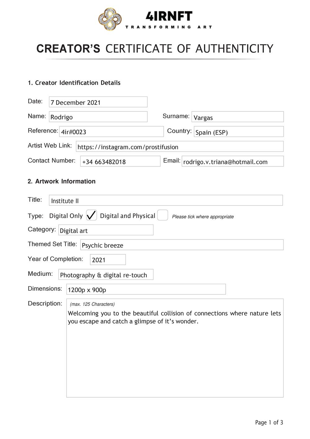 Certificate of Authenticity and Consignment - Institute II