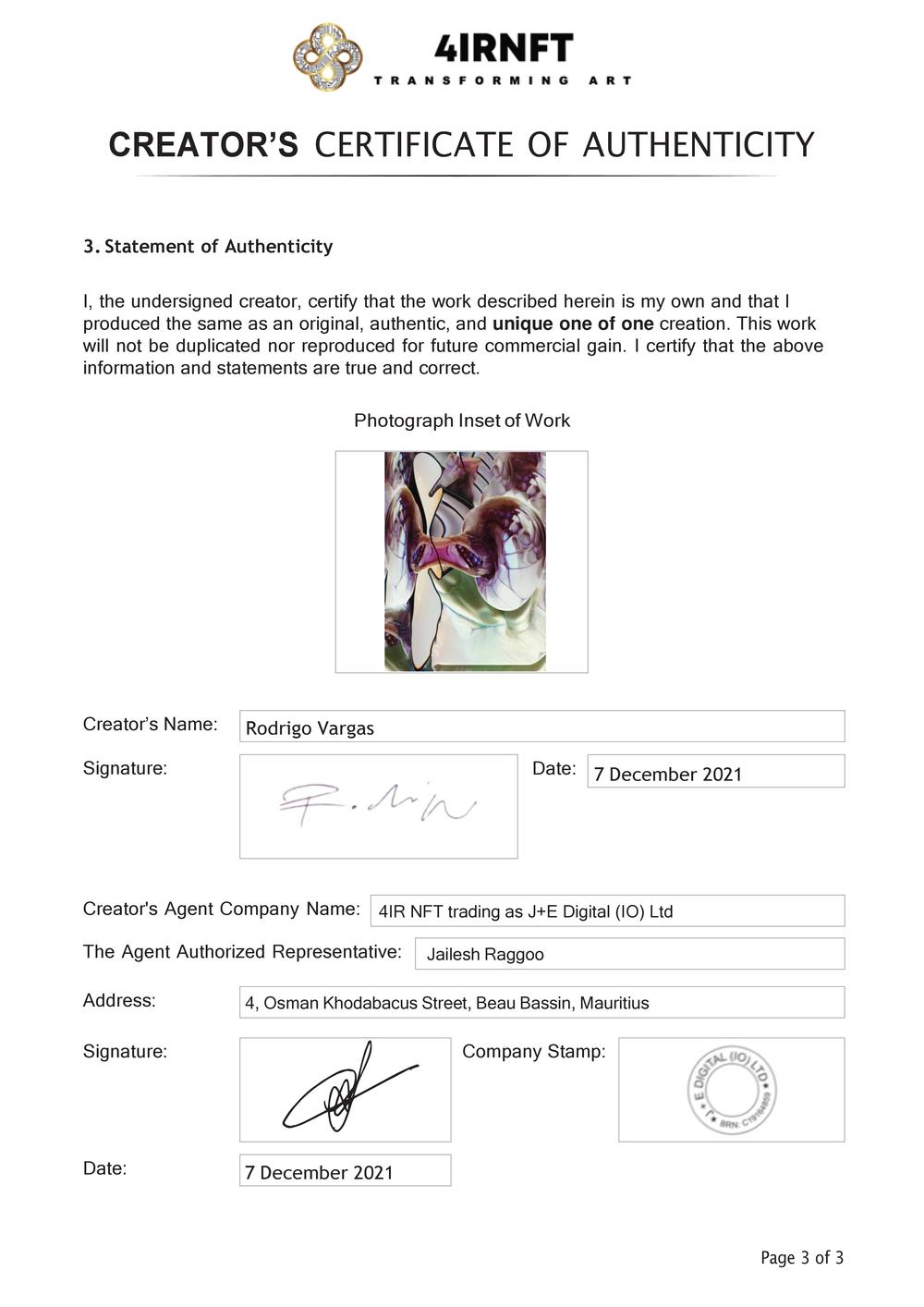 Certificate of Authenticity and Consignment - Institute II