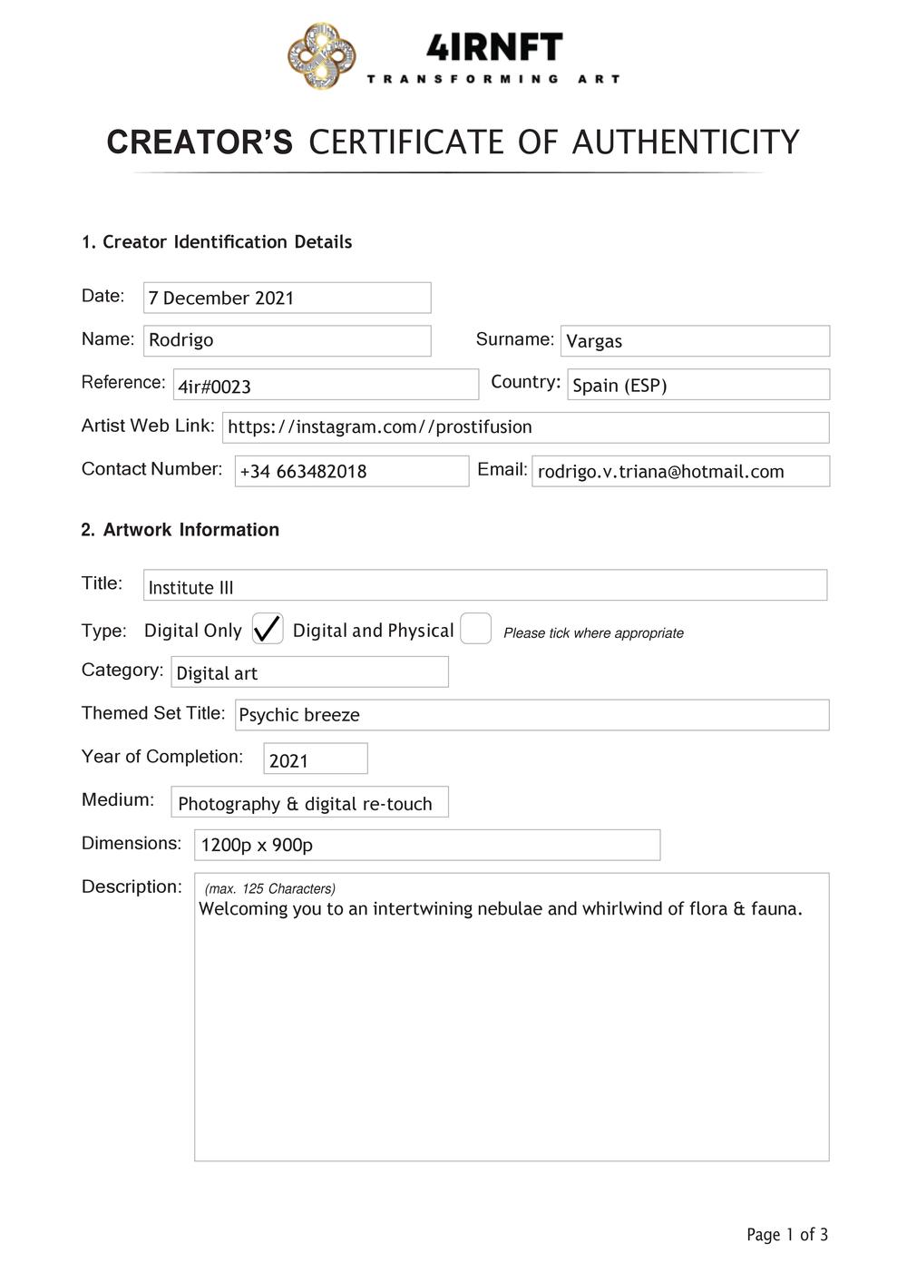 Certificate of Authenticity and Consignment - Institute III