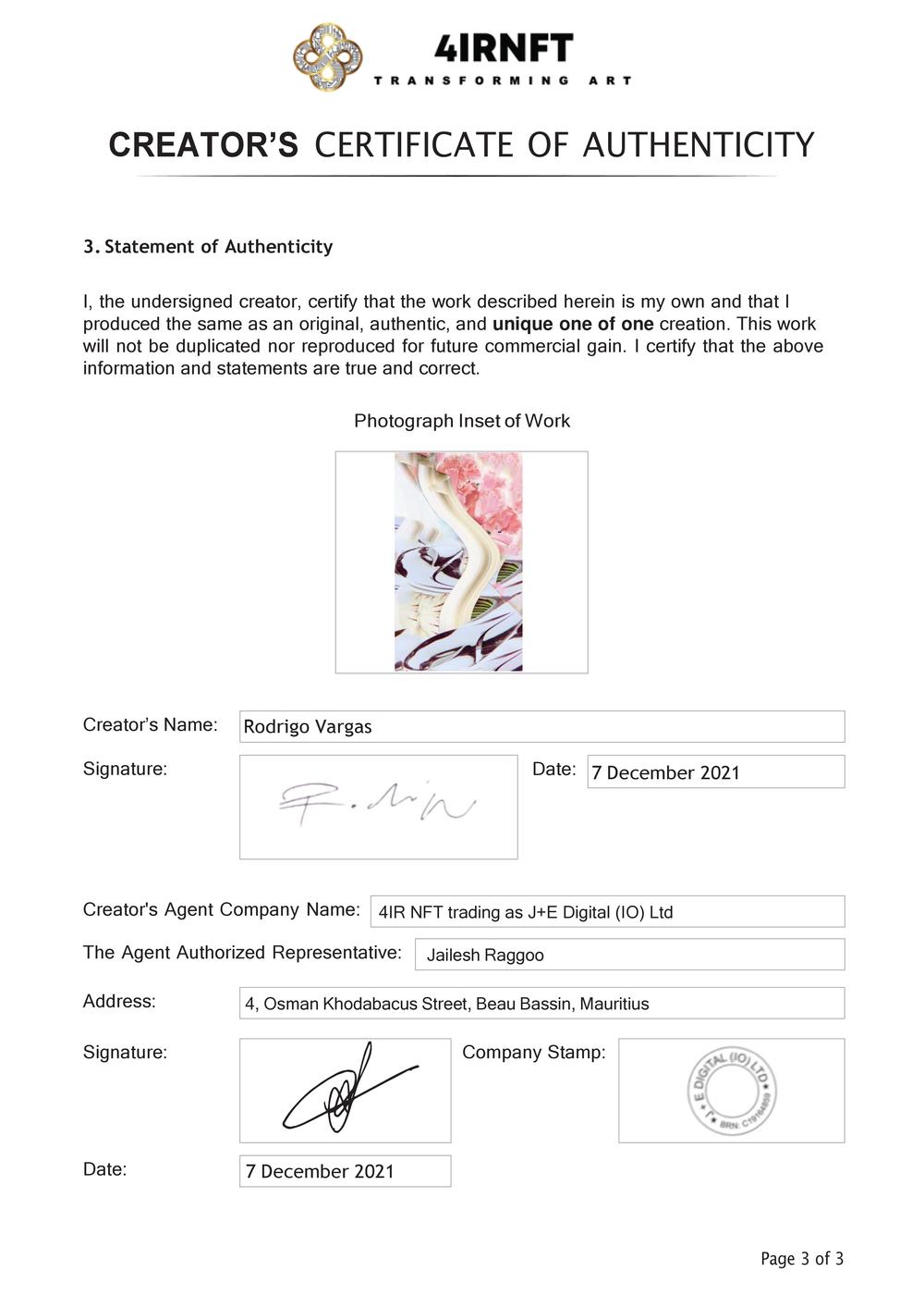 Certificate of Authenticity and Consignment - Institute III