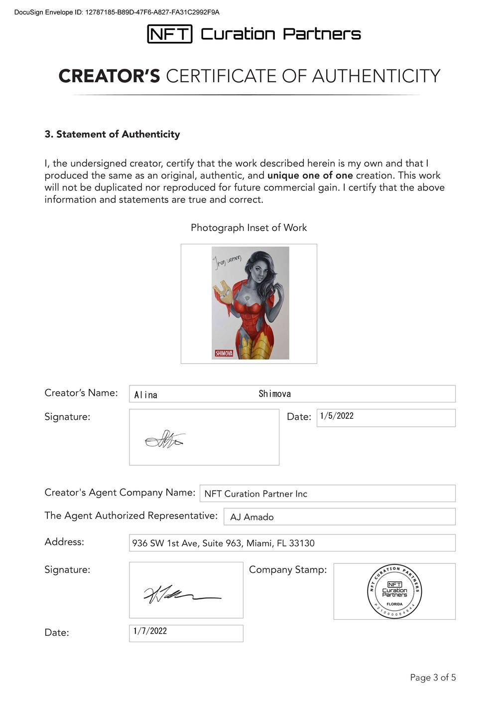 Certificate of Authenticity and Consignment - Iron Woman