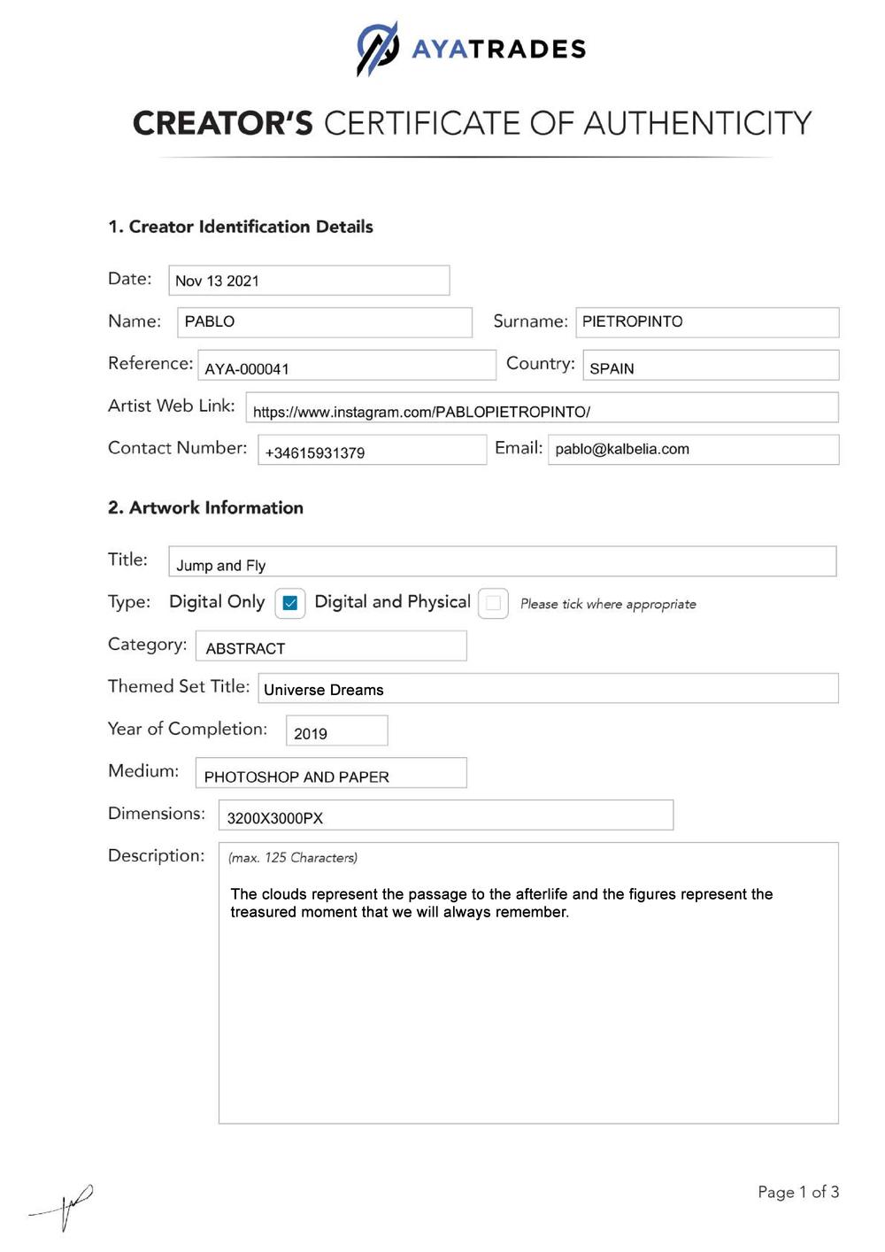 Certificate of Authenticity and Consignment - Jump and Fly