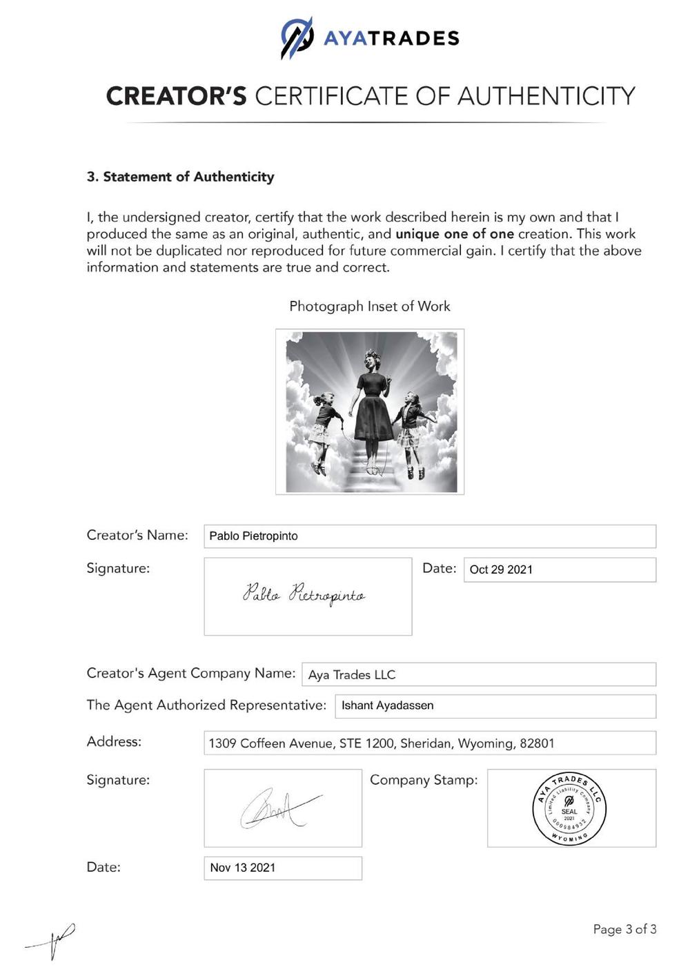 Certificate of Authenticity and Consignment - Jump and Fly
