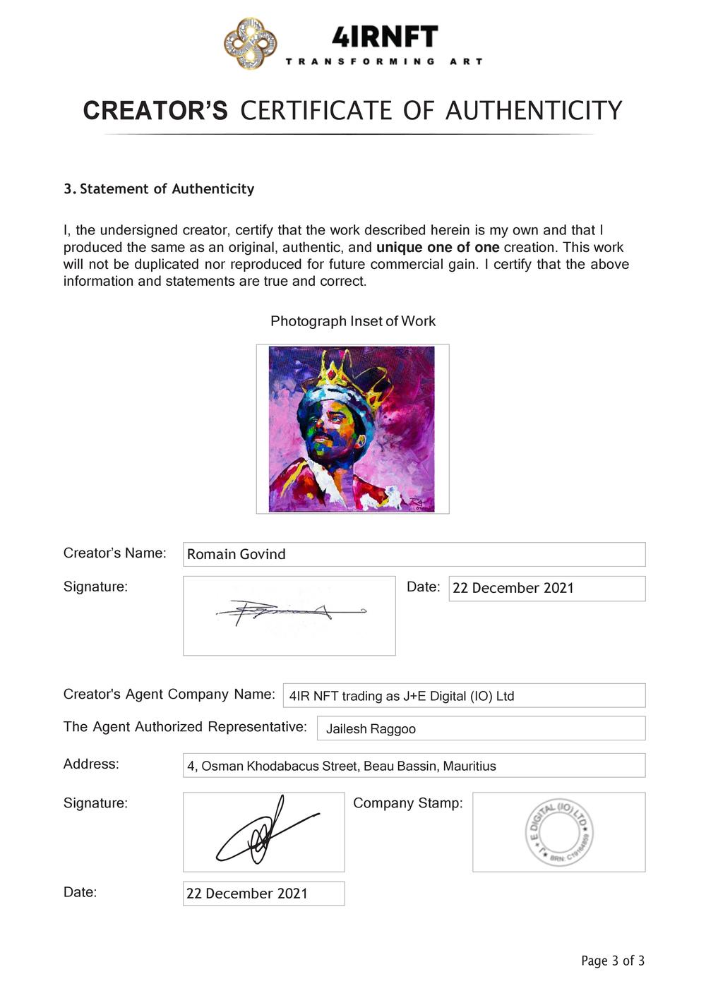 Certificate of Authenticity and Consignment - King of Queen