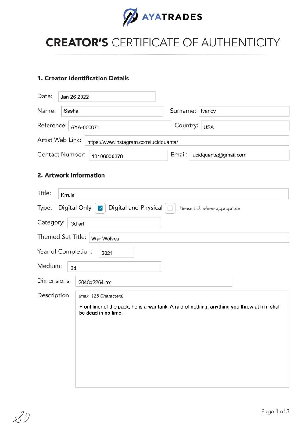 Certificate of Authenticity and Consignment - Krrule