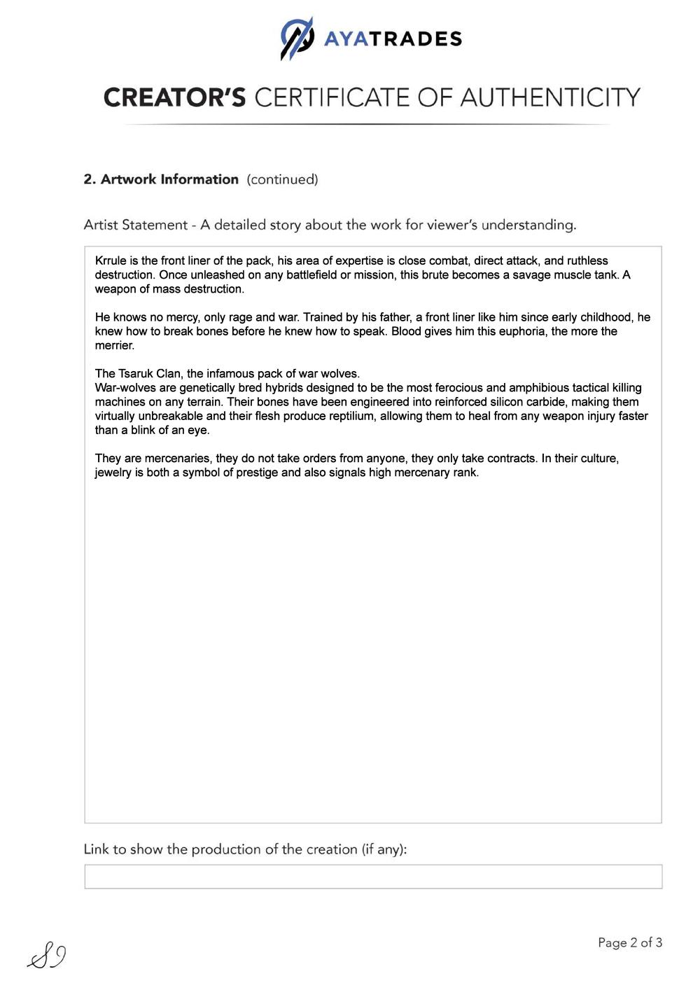 Certificate of Authenticity and Consignment - Krrule