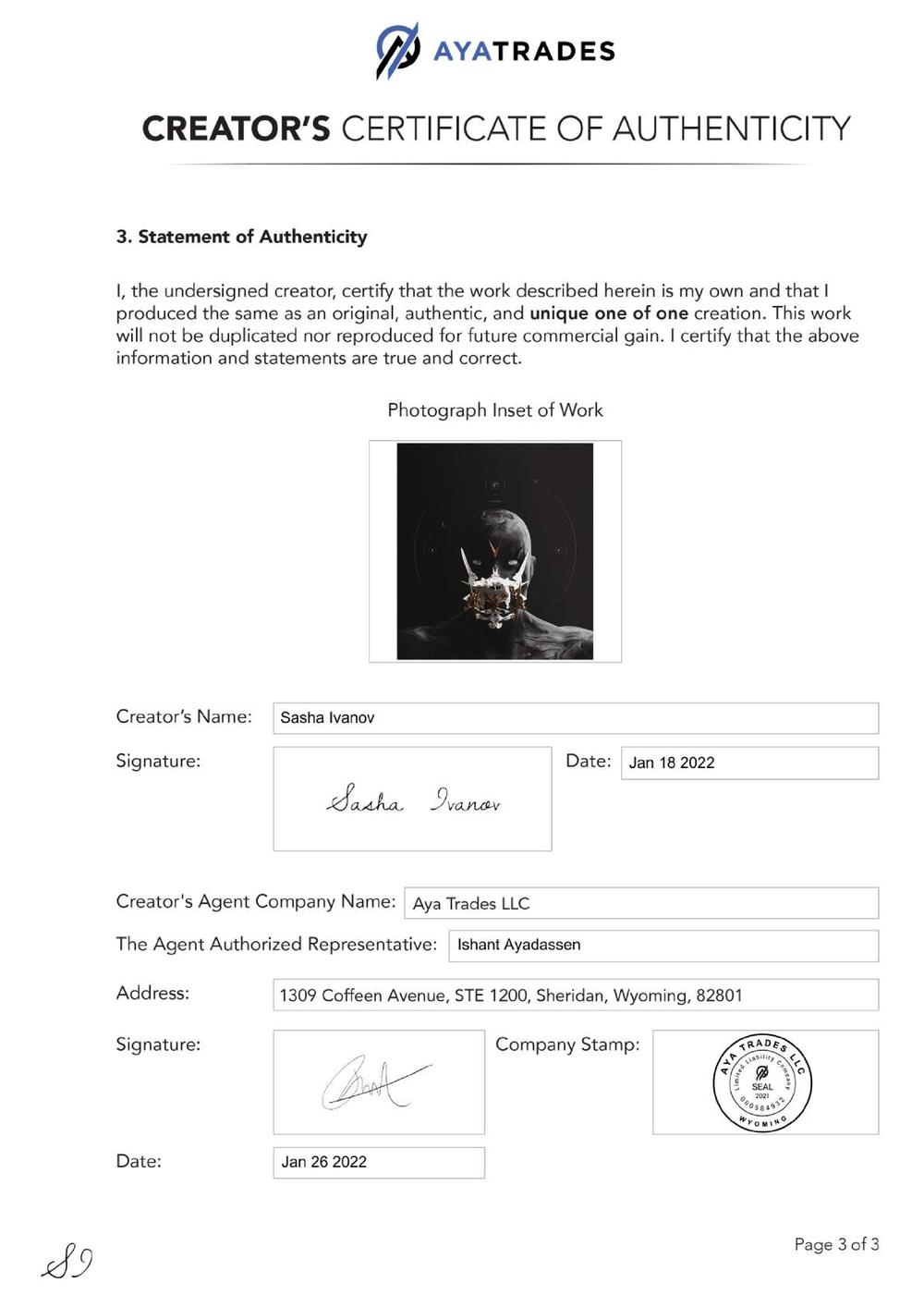 Certificate of Authenticity and Consignment - Krrule